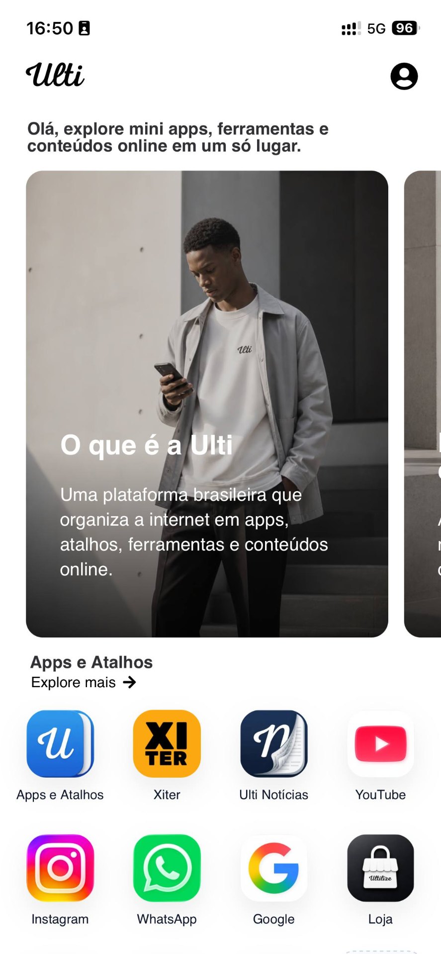 Tela do aplicativo Ulti mostrando apps e atalhos como Apps e Atalhos, Xiter, Ulti Notícias, YouTube, Instagram, WhatsApp, Google e Loja
